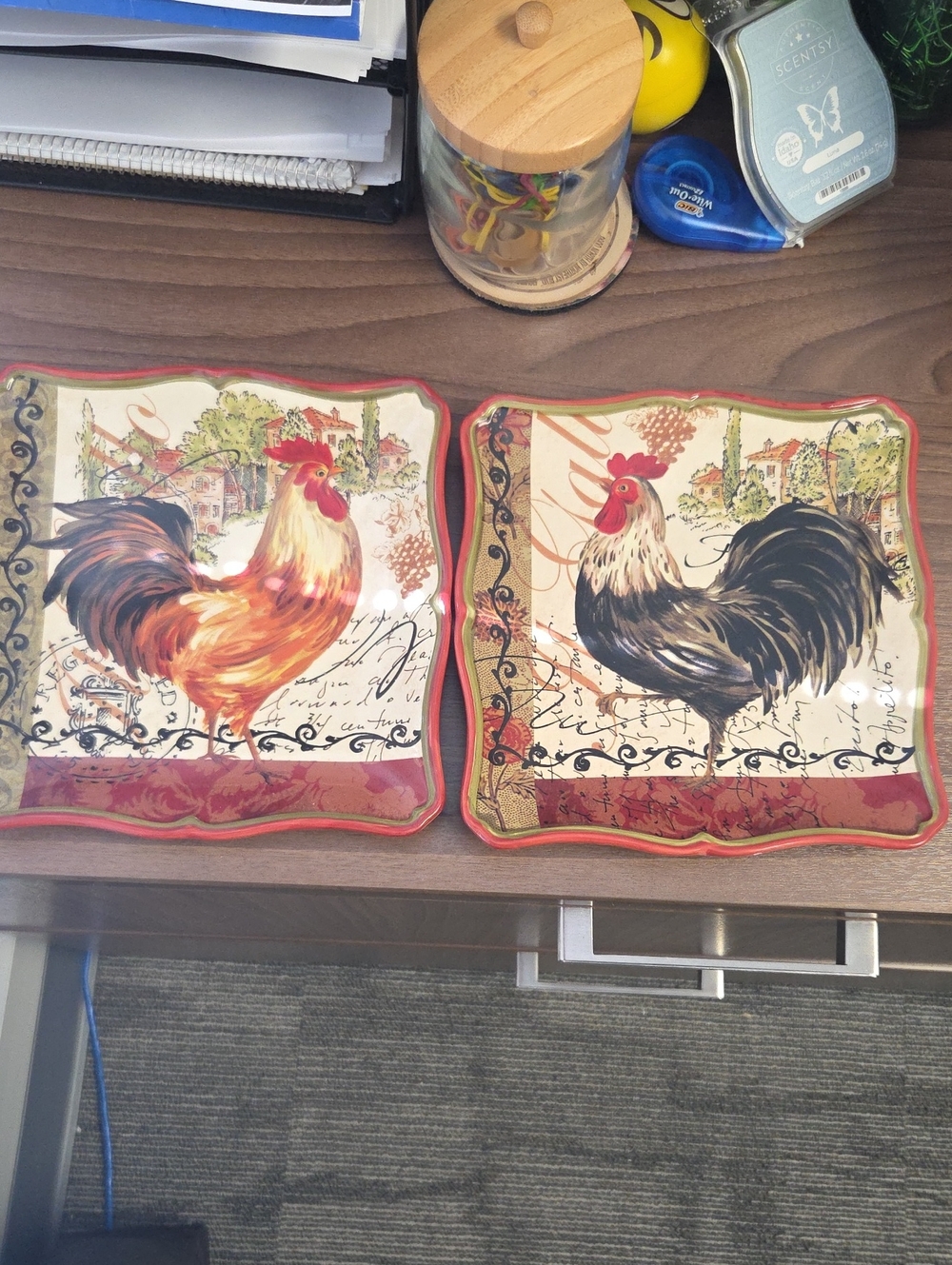 Set Of Rooster Plates 8 X 8. Colorful And A Great Addition To Your Room.